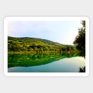 Classic panorama with Marche hilly landscape, emerald waters of the lake, tree silhouette and lush vegetation Sticker